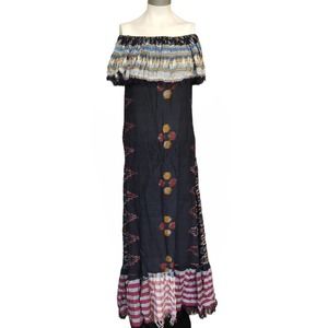 Off-Shoulder Black Floral Maxi Dress with Striped Ruffle Trim